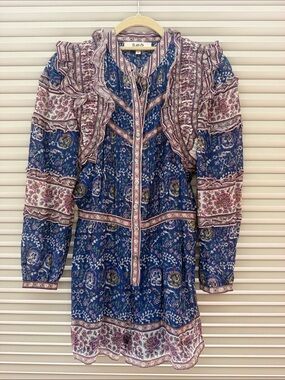Sea Navy and Pink Floral Ruffle-Trim Long-Sleeve Tunic Dress